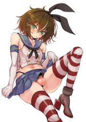 1boy aqua_eyes armwear balls blush brown_hair bunny_ears censor_bar censored cosplay eye_contact femboy girly looking_at_viewer male male_only monark prprlo shimakaze_(kantai_collection)_(cosplay) shinya_yuda short_hair solo stockings testicles thighs thong trap