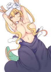 1girls bangs belly belly_button big_breasts blonde blonde_hair breasts cool-kyou_shinja dragon dragon_girl dragon_tail fair_skin female female_focus female_only hair_covering_breasts horns large_breasts light-skinned_female light_skin long_hair looking_at_viewer midriff miss_kobayashi's_dragon_maid monster_girl navel skirt solo solo_female solo_focus tail tohru_(dragon_maid) topless topless_female