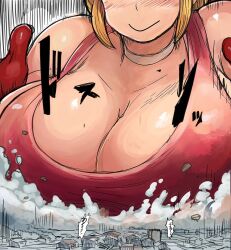 big_breasts blonde_hair breast_crush breasts city destruction huge_breasts hunter_rank_e large_breasts onomatopoeia planet_(hunter_rank_e)