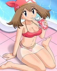 1girls bikini blue_eyes brown_hair cleavage female may_(pokemon) medium_breasts navel pokemoa pokemon sitting solo tagme thick_thighs wariza