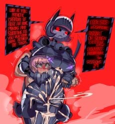 captain_kirb cum cum_on_thighs dominant_female domination ejaculation_between_thighs excessive_cum femdom malesub original_character premature_ejaculation robo-fortune robot_girl sex size_difference skullgirls submissive submissive_male tagme taunting text thigh_sex thighjob