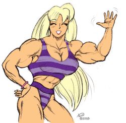 blonde_hair breasts cleavage clothes curves curvy dcmatthews female female_only huge_breasts large_breasts muscles muscular muscular_female smile solo solo_female tetsuko