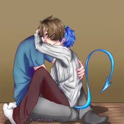 2boys ayon-cakra blue_hair blue_horn blue_tail brown_hair gay gizang15 gradient_background holding hugging kissing mcyt no_eyes no_shoes riding simple_background sitting sitting_on_lap sitting_on_person vx-fluffy-xv yaoi ytmci