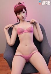 3d breasts brown_hair cat_ears cg d.va female female_only hana_song lingerie looking_at_viewer lying nipples overwatch pale_skin pink_bra pink_panties pussy small_breasts smiling translucent transparent_clothing underwear vivans