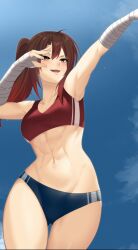 1girls abs eroblast female jumping looking_at_viewer saki:eroblast solo sport sweat sweatdrop thighs