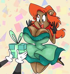 anthro bear_girl big_breasts bouncing_breasts clothing dress gift happy huge_breasts julie_bruin long_hair mammal mammal_humanoid offscreen_character pixelzsinful tiny_toon_adventures warner_brothers