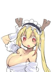 1girls :o bangs belly belly_button big_breasts blonde blonde_hair blush breasts cool-kyou_shinja dragon dragon_girl dragon_tail fair_skin female female_focus female_only horns large_breasts light-skinned_female light_skin long_hair maid midriff miss_kobayashi's_dragon_maid monster_girl navel solo solo_female solo_focus tail tohru_(dragon_maid) upper_body