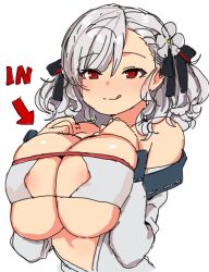 arrow_(symbol) breasts cleavage female girls'_frontline hair_ribbon huge_breasts jorin long_hair looking_at_viewer official_alternate_costume paizuri_invitation red_eyes ribbon silver_hair sketch smile solo spas-12_(girls'_frontline) spas-12_(midsummer_fruit)_(girls'_frontline) twintails upper_body wavy_hair