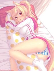 animal_ears ass blonde_hair blue_panties blue_striped_panties blush body_pillow cameltoe fangs hoodie hugging hugging_pillow looking_at_viewer lying no_pants on_side original panties ponytail red_eyes socks striped_panties tagme tail thighs tiffy tiffynyaa