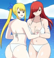 2girls ass breasts erza_scarlet fairy_tail female lucy_heartfilia outdoors outside sealllll swimsuit tagme thong thong_bikini white_thong