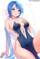 1girls aqua_(kingdom_hearts) blue_eyes blue_hair clothed disney hand_on_breast kingdom_hearts newmoonshira square_enix