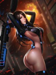 absurdres arms_behind_head arms_up ass bangs black_eyes black_hair black_legwear blurry blush bodysuit bokeh breasts breasts_apart building cowboy_shot depth_of_field energy_gun explosion eyelashes eyeliner eyeshadow female from_side gantz gantz_suit gun hair_over_one_eye highres holding holding_gun holding_weapon huge_weapon large_breasts legs_together liang_xing light_particles long_hair long_sleeves looking_at_viewer makeup night nose nose_blush outdoors paid_reward parted_lips patreon_reward pinup revealing_clothes shimohira_reika shiny shiny_clothes shiny_skin sideboob sideless_outfit solo teeth thighhighs thighs thong turtleneck twisted_torso underboob weapon