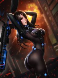 absurdres arms_up ass black_bodysuit black_eyes black_hair blurry bodysuit breasts cowboy_shot depth_of_field energy_gun explosion female gantz gantz_suit gun highres holding holding_gun holding_weapon large_breasts liang_xing long_hair looking_at_viewer paid_reward parted_lips patreon_reward pinup shimohira_reika solo twisted_torso weapon