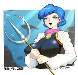 1girls 2018 artist_name blue_eyes blue_hair braid breasts bubble clothed clothing dated earrings female female_only fish half-closed_eyes highres holding_trident holding_weapon jewelry large_breasts looking_at_viewer maiden_of_the_aqua matching_hair/eyes necklace nipple_bulge open_mouth pall_punte pearl_necklace puffy_sleeves scarf seashell seashell_necklace seductive short_hair signature skindentation solo sunlight teeth tied_hair tight_clothing tongue trident twitter_username underwater water weapon whale white_border yu-gi-oh!