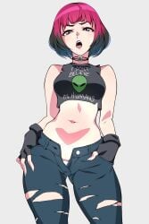 1girls ahe_gao anime_style belly belly_button black_hair female female_only fingerless_gloves fortnite fortnite:_battle_royale from_below hand_in_pocket iogrunt looking_at_viewer mouth_open multicolored_hair panties pink_hair ripped_pants sunny_(fortnite) text video_games waist zipper_down