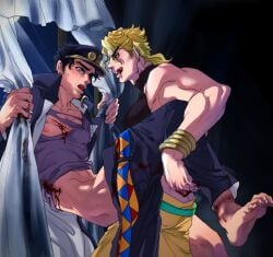 2boys age_difference ass_cleavage barefoot black_hair bleeding blood blood_on_chest blood_on_hands blue_eyes bruise butt_crack clothed_sex clothes_pull crying crying_with_eyes_open dio_brando gakuran hat implied_anal injury jojo's_bizarre_adventure jotaro_kujo large_pectorals leotard less_end licking_lips long_coat male male_focus male_nipples male_only male_rape_victim multiple_boys muscular muscular_male nipples pants pants_pull pectorals rape school_uniform scratches shirt stardust_crusaders tears tongue tongue_out torn_clothes torn_shirt upright_straddle yaoi