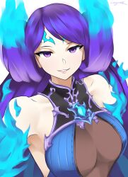 1girls bare_shoulders big_breasts breasts brighid_(xenoblade) cute double_bun eye_contact female female_focus female_only fire fire_hair front_view large_breasts largemilk light-skinned_female light_skin looking_at_viewer purple_eyes purple_hair smile smiling smiling_at_viewer solo solo_female tagme xenoblade_(series) xenoblade_chronicles_2