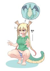 1girls bangs belly belly_button big_breasts blonde blonde_hair breasts cool-kyou_shinja crouching dragon dragon_girl dragon_tail fair_skin female female_focus female_only horns large_breasts light-skinned_female light_skin long_hair midriff miss_kobayashi's_dragon_maid monster_girl navel panties solo solo_female solo_focus tail tohru_(dragon_maid)