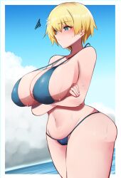 10eki_(tenchou) ass bare_shoulders beach blonde_hair blue_eyes blush breasts cleavage crossed_arms female girls'_frontline hair_ornament highres huge_breasts looking_down short_hair solo sweat swimsuit thighs vsk-94_(girls'_frontline) vsk-94_(girls_frontline)