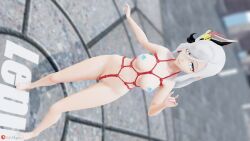 bondage breasts genshin_impact kikkou_shibari outdoors rope_bondage shenhe_(genshin_impact) solo_female white_hair