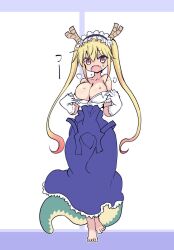 1girls bangs belly belly_button big_breasts blonde blonde_hair breasts cool-kyou_shinja dragon dragon_girl dragon_tail fair_skin female female_focus female_only horns large_breasts light-skinned_female light_skin long_hair midriff miss_kobayashi's_dragon_maid monster_girl navel shirt_pull solo solo_female solo_focus tail tohru_(dragon_maid) undressing