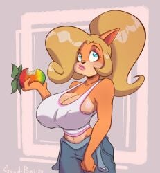 1girls alternate_breast_size anthro big_breasts blonde_hair blue_eyes busty cleavage coco_bandicoot crash_(series) eating female female_only furry gewd-boi huge_breasts makeup navel overalls pink_lipstick ponytail solo tank_top wumpa_fruit