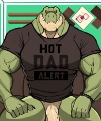 absurd_res anthro big_muscles bottomless clothed clothing darknaigart dinosaur facial_hair flaccid genitals green_body hi_res jace_(darknaig) looking_at_viewer male male_only male_solo muscular muscular_anthro muscular_male penis reptile scalie shirt solo solo_male text text_on_clothing text_on_shirt text_on_topwear theropod topwear tyrannosaurid tyrannosaurus tyrannosaurus_rex