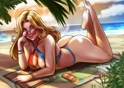 1girls adjusting_eyewear adjusting_glasses adjusting_sunglasses ass beach beach_towel bikini blanka blonde_hair blue_eyes blue_nails blue_swimsuit book bracelet breasts cleavage cloud cloudy_sky eyebrows feet fingernails kolin large_breasts lips long_hair looking_at_viewer looking_over_eyewear looking_over_glasses looking_over_sunglasses multicolored_swimsuit ocean on_stomach parted_lips rankgo red-tinted_eyewear red_nails red_swimsuit sand sky solo street_fighter street_fighter_v sunglasses sunscreen sunset swimsuit thick_lips thighs tinted_eyewear towel water