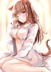 animal_ears ayachanman bangs bed bed_sheet blurry blurry_background borrowed_garments breasts brown_hair cat_ears cat_girl cat_tail cleavage closed_mouth collared_shirt commentary_request dress_shirt eyebrows_visible_through_hair female female highres long_hair medium_breasts navel on_bed one_eye_closed original red_eyes rubbing_eyes shirt sidelocks sitting sitting_on_bed solo tail waking_up wariza white_shirt