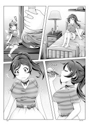 2girls breasts cleavage comic fairy fairy_wings female female_only huge_breasts larger_female monochrome original original_character page_1 ponytail sho-tan sho-tan_(thedoujin) size_difference smaller_female