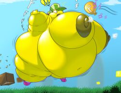 2022 air_lactation anthro arm_inflation belly belly_expansion big_belly big_breasts block breast_expansion breasts clothing exclamation_point female floating footwear full_body_inflation hair hat headgear headwear inflation koopa koopa_troopa kylie_koopa mario_(series) mario_and_luigi_(series) navel nintendo nipples nude open_mouth outside p-balloon pink_hair puffed_cheeks scalie shinysteel shoes solo spherical_inflation spread_arms super_mario_world text video_games wide_eyed yellow_body