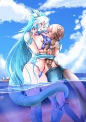 2girls aquatic artist_request breast_grab covered_nipples female huge_breasts multiple_girls surprised swimsuit tagme tagme_(artist) tagme_(character) tail yuri