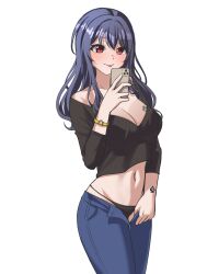 1girls ass bang_dream! bare_shoulders blush bracelet breasts cheating cleavage female female_only holding_phone jeans long_hair medium_breasts netorare nipples ntr pants_open ptal purple_hair queen_of_spades red_eyes selfie smartphone solo solo_female tattoo thong tongue_out ushigome_yuri wide_hips