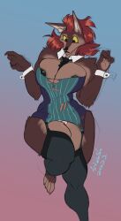 anthro artblush ass_expansion big_breasts breast_expansion breasts furry hip_expansion plain_background red_hair ripped_clothing thick_thighs thigh_expansion tie wardrobe_malfunction werewolf wide_hips wolf