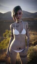 1girls 3d bikini choker cyberpunk_2077 female female_only green_hair holopointz judy_alvarez light-skinned_female lipstick navel_piercing outdoors panties paw_tattoo paw_tattoo_pubic piercing piercings purple_hair red_lipstick solo solo_female tattoos