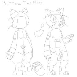 animal_genitalia balls blep butters_(theenyface) capcom felid felyne fur_pattern genitals hi_res hindpaw kemono lynian male mammal model_sheet monochrome monster_hunter nipples palico pawpads paws semi-anthro sheath short_tail slightly_chubby solo theenyface tongue tongue_out video_games whiskers