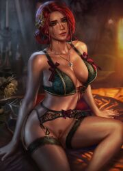 big_breasts bottomless bra breasts cd_projekt_red ginger ginger_hair high_resolution highres large_breasts lingerie logan_cure looking_at_viewer pubic_hair pussy stockings the_witcher_(series) the_witcher_3:_wild_hunt triss_merigold