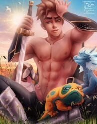 armor armour artistic bare_chest blonde_hair canine cute dragon erection himbo lens_flare male_only muscular_male outdoors penis short_hair soren_(the_dragon_prince) stanglassart_(artist) sword the_dragon_prince twunk