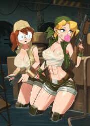 2girls abs athletic_female bandage_on_face bandana barleyshake big_breasts blonde_hair blue_eyes breasts brown_hair bubble_gum eri_kasamoto female female_only fio_germi glasses grenade gun hat kneepads metal_slug pistol see-through_top shorts shotgun snk tshirt vest water weapon wet_shirt