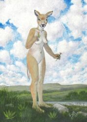 acrylic_painting_(artwork) andibi anthro areola black_nose breasts cloud collarbone deer featureless_crotch female flower fur grass hi_res hill mammal natural_breasts navel nipples nude outside painting_(artwork) pinup plant pose river rock short_tail sky smile solo standing tail tan_body tan_fur tasteful tasteful_nudity traditional_media_(artwork) water white_body white_fur