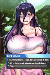 1girls arm_under_breasts bags_under_eyes big_breasts bra_strap breasts curvy dialogue english english_text eye_contact female female_focus front_view game_mechanics gameplay_mechanics hanae_(noxcuro) large_breasts light-skinned_female light_skin long_hair looking_at_viewer multicolored_hair nervous nox_(artist) noxcuro original original_character purple_eyes purple_hair tagme talking talking_to_viewer text two_tone_hair voluptuous weird_girl_(noxcuro)