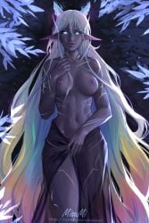 1girls artist_signature blue_eyes body_markings breasts elf female female_focus female_only glowing_eyes horns jewelry medium_breasts misami multicolored_hair nipples pointy_ears rainbow_hair solo standing stomach thighs topless very_long_hair