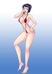 1girls blue_background breasts cowboy_bebop faye_valentine female gradient_background green_eyes hairband huge_breasts human large_breasts pale-skinned_female pale_skin purple_hair short_hair sling_bikini voluptuous wadevezecha white_background