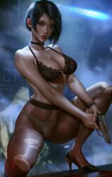 1girls action_pose ada_wong ada_wong_(adriana) black_hair bra capcom choker female female_focus female_only firearm gun handgun high_heels high_resolution highres logan_cure looking_at_viewer panties pantyhose resident_evil resident_evil_2 resident_evil_2_remake ripped_pantyhose solo weapon