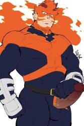 1boy 2d 2d_(artwork) 41raco abs abs_visible_through_clothing balls balls_in_bodysuit balls_under_clothes ballsack bara beard big_penis blue_eyes bodysuit bulge dilf endeavor_(my_hero_academia) enji_todoroki erect_penis erection facial_hair fire gay hair hi_res highres kirupi looking_at_viewer male male_only moustache muscle muscles muscular muscular_male my_hero_academia pecs pectoral_bulge pectorals penis penis_grab penis_out red_hair six_pack solo solo_focus solo_male spiky_hair superhero