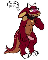 absurd_res anthro blush bodily_fluids collar dialogue english_text erection eyewear genital_fluids genitals glasses hi_res horn kobold male male_only naked nude penis presenting presenting_penis question reptile scalie shy solo standing sweat tail tail_motion tailwag text trout_(artist)