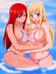 2girls areolae bare_shoulders belly big_breasts bikini blonde_hair breast_on_breasts breast_press breasts brown_eyes curvy curvy_female curvy_figure erect_nipples erza_scarlet fairy_tail female female/female female_focus female_only female_protagonist gigantic_breasts hands_around_waist hands_on_hips huge_areolae huge_breasts huge_nipples hugging large_areolae large_breasts looking_at_viewer lucy_heartfilia multiple_girls nipples nipples_visible_through_bra nipples_visible_through_clothing open_mouth orange_eyes pale_skin red_hair see-through see-through_bikini shiny_hair shiny_skin smile smiling smiling_at_viewer thick_thighs thighs transparent_bikini transparent_clothing voluptuous water water_reflection wet wet_body wet_clothes wet_hair wet_pussy white_bikini yuri