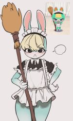 2022 angry animal_crossing anthro apron balls barely_visible_balls barely_visible_genitalia blush broom cleaning_tool clothed clothing crossdressing dress eyebrow_through_hair eyebrows eyelashes front_view frown fur genitals girly hair hand_on_hip headdress hi_res holding_object lagomorph leporid looking_at_viewer maid_headdress maid_uniform male male_only mammal nintendo no_underwear photo pouting rabbit sasha_(animal_crossing) simple_background solo standing translucent translucent_hair tuft uniform video_games white_background yuio