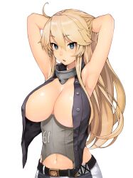 :o adjusting_hair ahoge armpits arms_up bare_shoulders belt black_vest breasts buttons clothes_writing collar collarbone corset female hair_between_eyes hands_in_hair highres iowa_(kantai_collection) kantai_collection large_breasts long_hair looking_at_viewer navel no_hat no_headwear open_clothes open_mouth open_vest shiny shiny_hair shiny_skin siesta_(artist) simple_background sleeveless solo solo_female solo_focus star-shaped_pupils star_(symbol) stomach symbol-shaped_pupils tsurime unbuttoned upper_body very_long_hair vest white_background