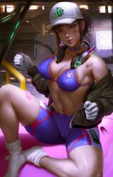 abs alternate_costume blizzard_entertainment bra breasts cameltoe cleavage d.va female female_only high_resolution highres logan_cure looking_at_viewer nipple_bulge overwatch shooting_star_d.va socks solo sweat